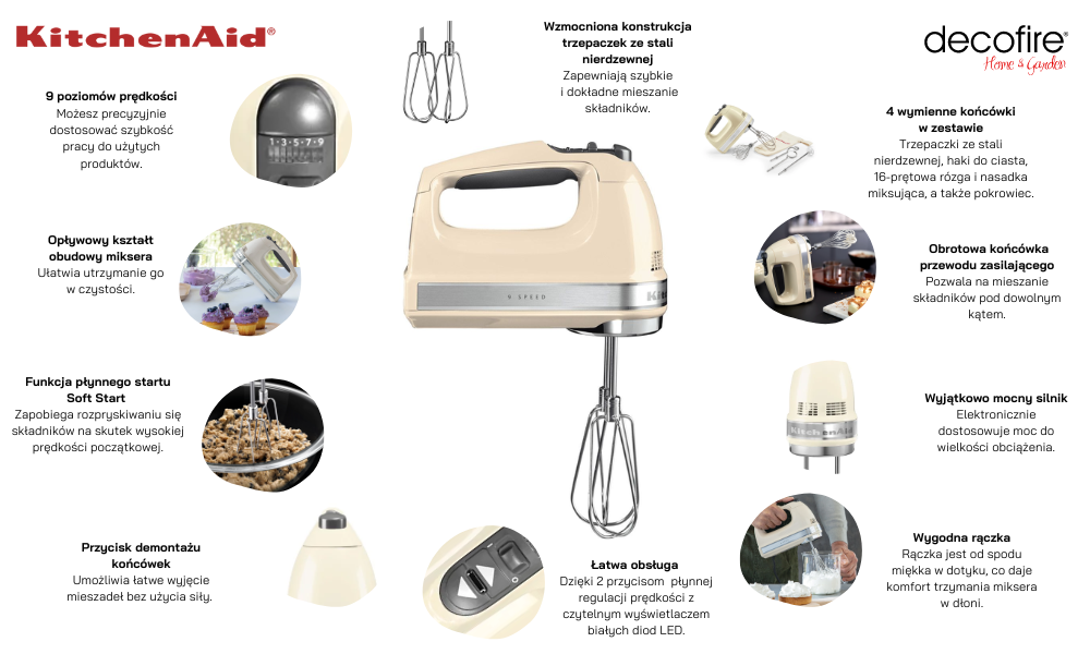 Mikser 9-biegowy ręczny Almond Cream KitchenAid