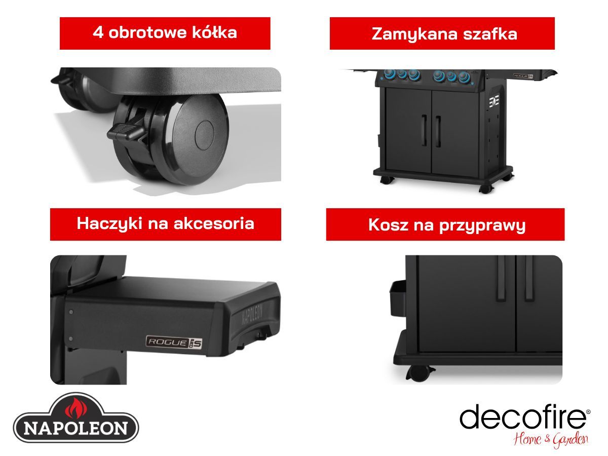 Dodatkowe udogodnienia w grillu gazowym Napoleon ROGUE PRO-S 525 z palnikiem rożna i palnikiem bocznym Sizzle Zone, Czarny Mat (RPS525RSIBPMK-2-PL)